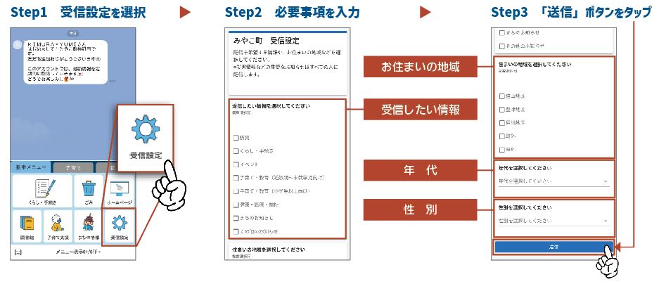 Step1　受信設定を選択 Step2　必要事項を入力 　・受信したい情報 　・お住まいの地域 　・年代 　・性別 Step3　「送信」ボタンをタップ